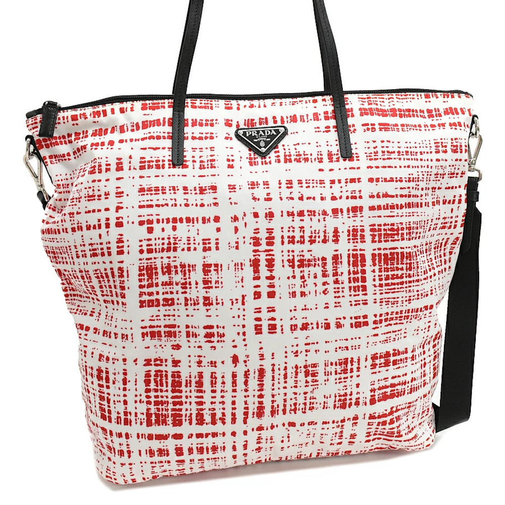 Prada Tote Bag TESSUTO STAMPAT White Rosso Red Tweed Triangle Plate